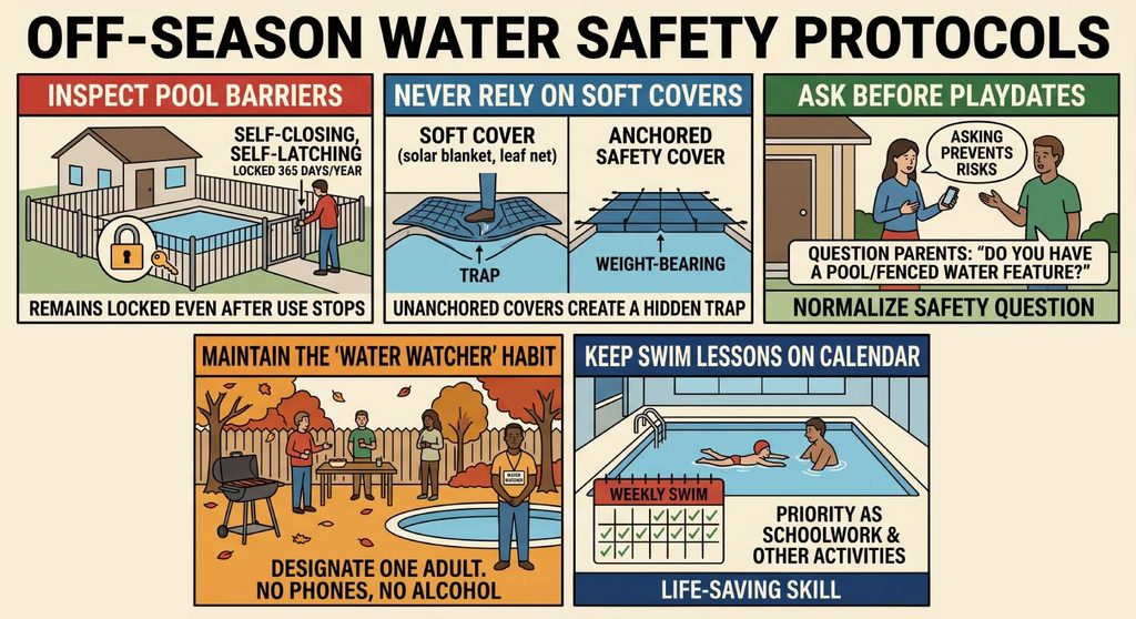graphic showing ways to keep kids safe from drowning all year long