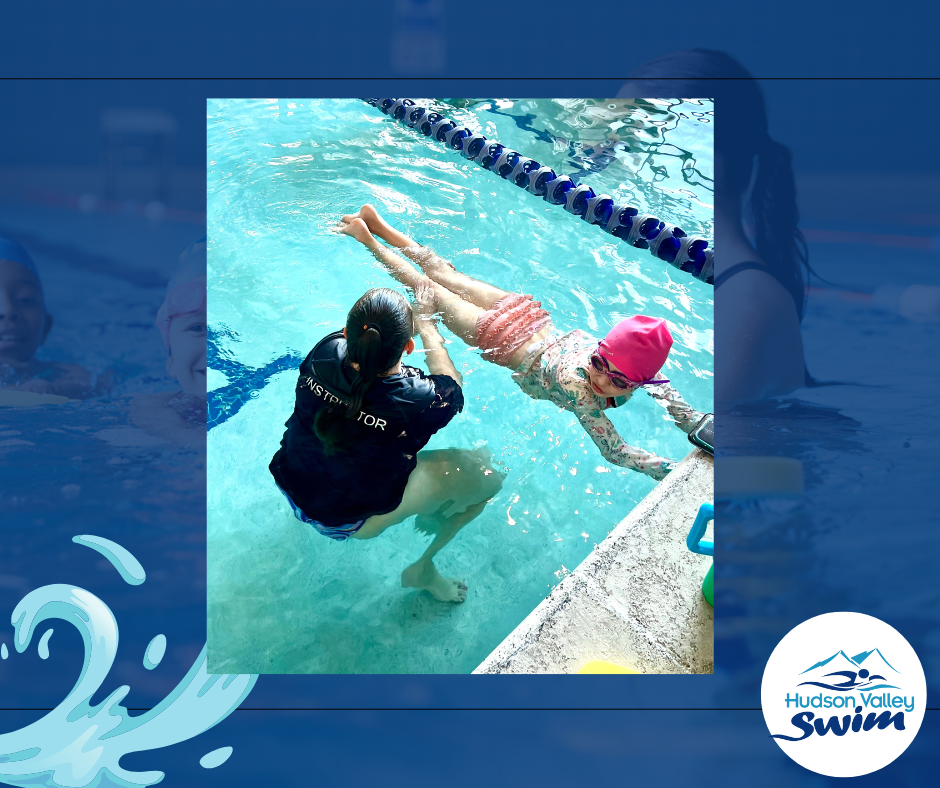 a swim instructor teaching a student how to have better swimming posture in the water