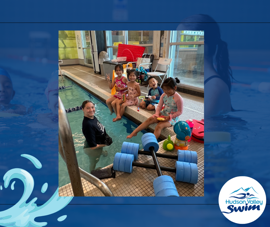 swim instructor teaching a group of kids how to swim at a pool