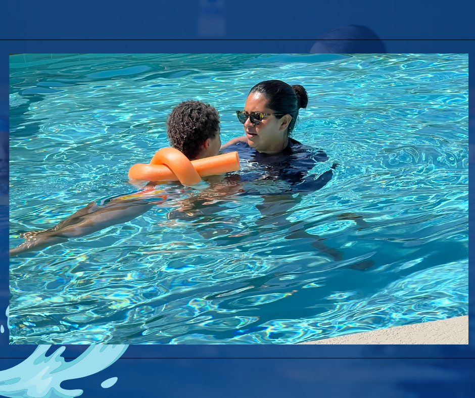 swim instructor using a floatie to teach a kid to swim in a pool