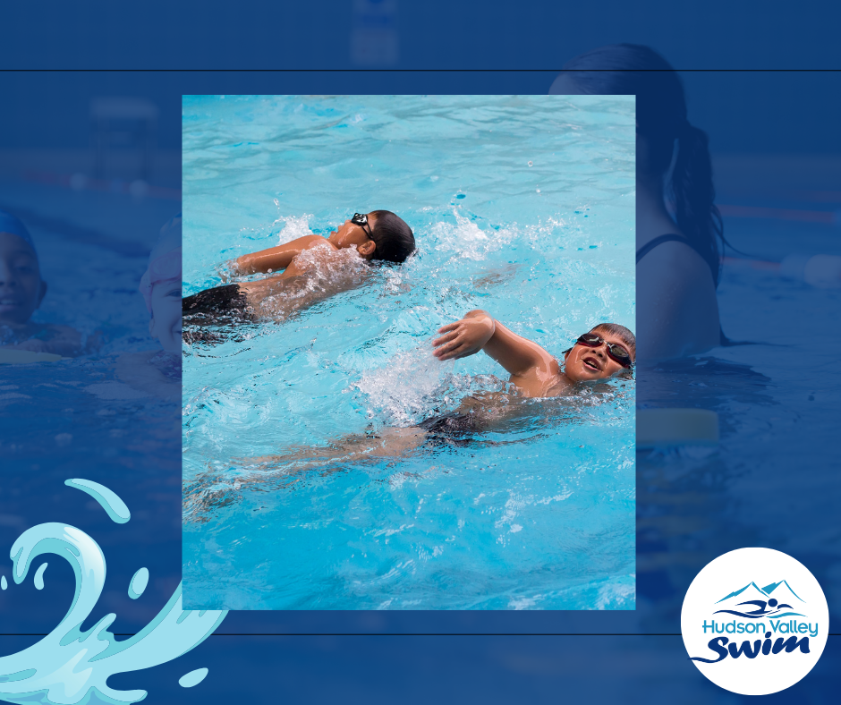 two kids swimming laps in an indoor heated swimming pool