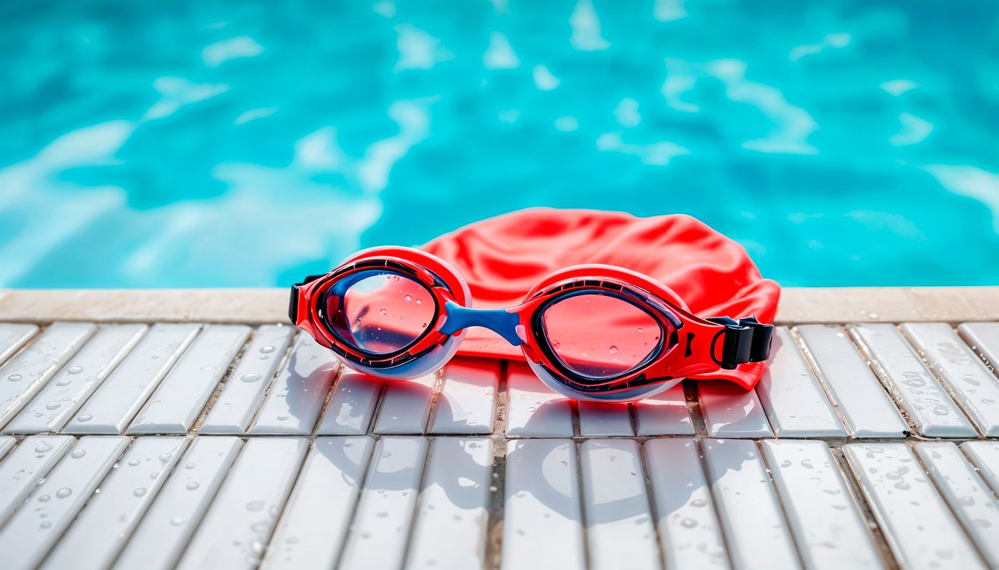 swim goggles next to a pool