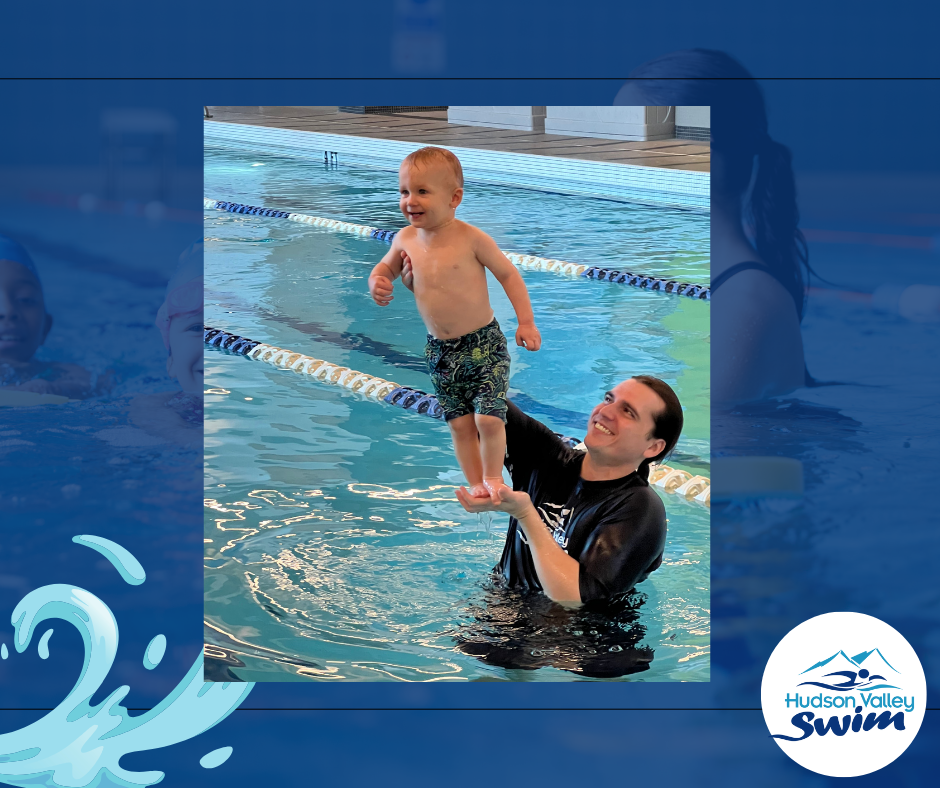a swim instructor holding a child like Simba in the Lion King