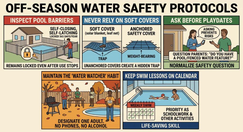 Inspect Your Pool Barriers: If you own a pool, ensure your four-sided isolation fence with a self-closing, self-latching gate remains locked 365 days a year, even after you stop using the pool for the season.
Never Rely on Soft Covers Alone: Solar blankets and thin leaf nets are not safety covers. In fact, an unanchored solar cover creates a hidden trap if a child falls on top of it, wrapping around them in the water. Use a rigid, weight-bearing safety cover anchored to the deck.
Ask the Right Questions Before Playdates: Don't hesitate to ask host parents: "Do you have a pool or water feature in the yard, and is it fenced off?" Making this a standard question normalizes safety for everyone.
Maintain the "Water Watcher" Habit: If you host a fall gathering, barbecue, or tailgate where an open pool or pond is nearby, designate an adult "Water Watcher" whose sole job is to keep eyes on the water without distractions like phones or alcohol.
Keep Swim Lessons on the Calendar: Treat weekly indoor swim lessons with the same priority as schoolwork, soccer, or piano practice. It is one of the very few extracurricular activities that doubles as a permanent, life-saving skill.
