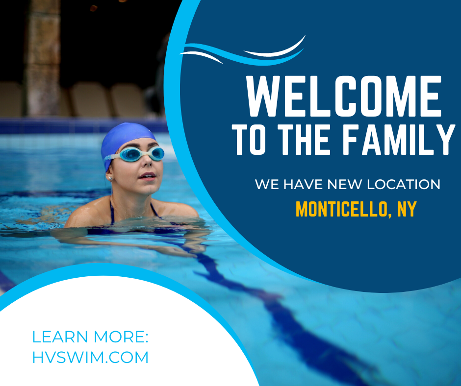 woman swimming with a new location announcement written